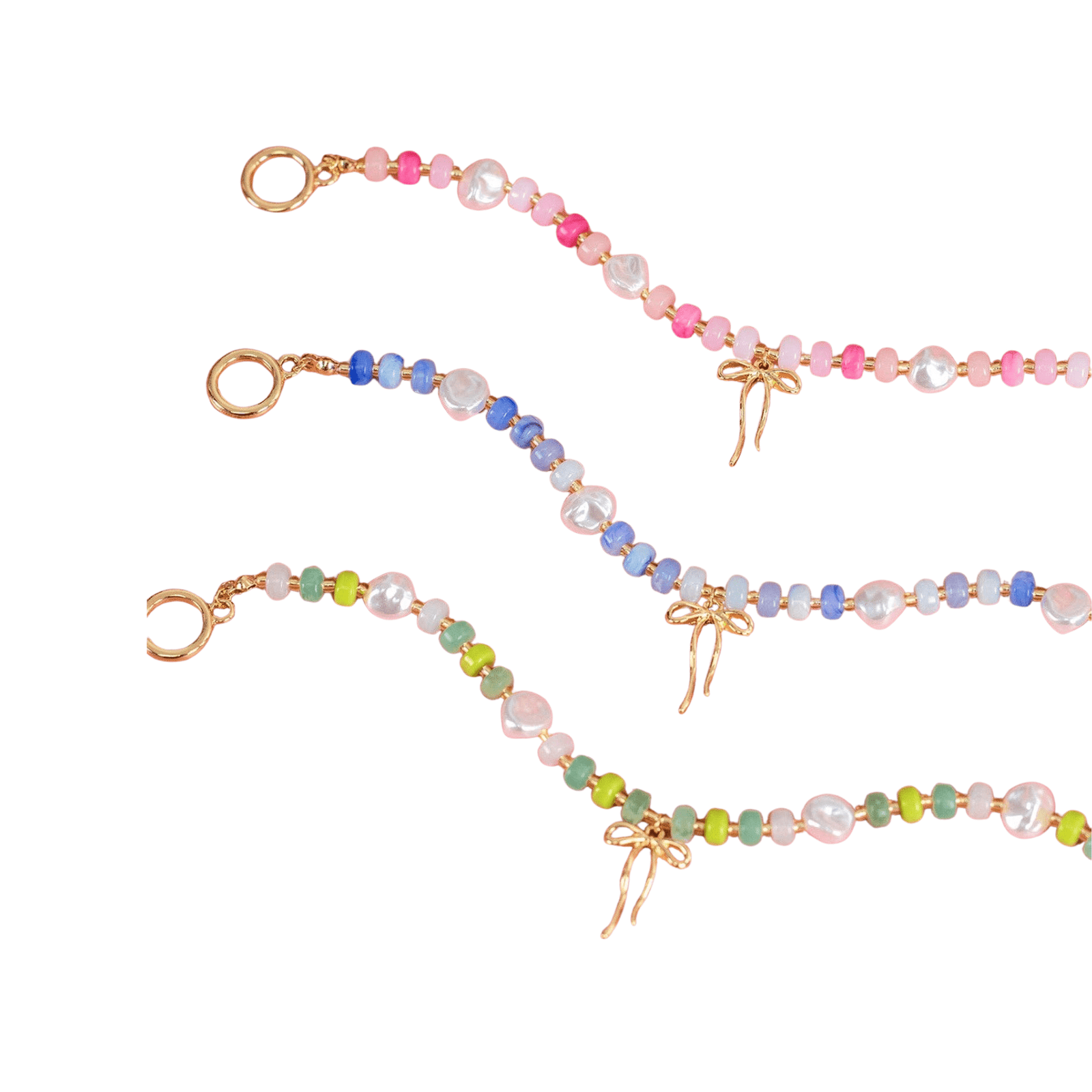 Colorful beaded necklace with gold clasp on a white background