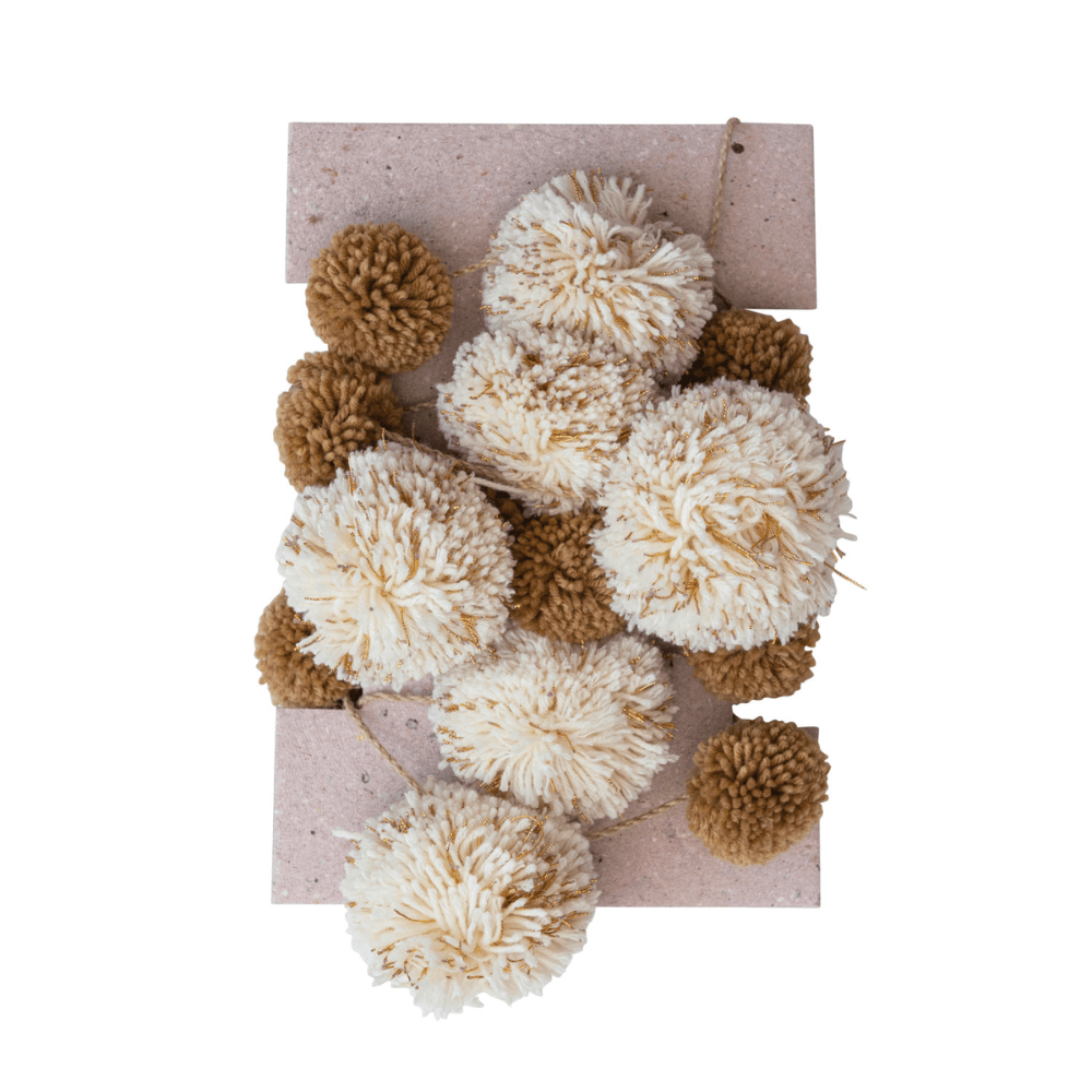 Acrylic & Wool Felt Pom Pom Garland, White, Tan & Gold - Shopsweetluluss