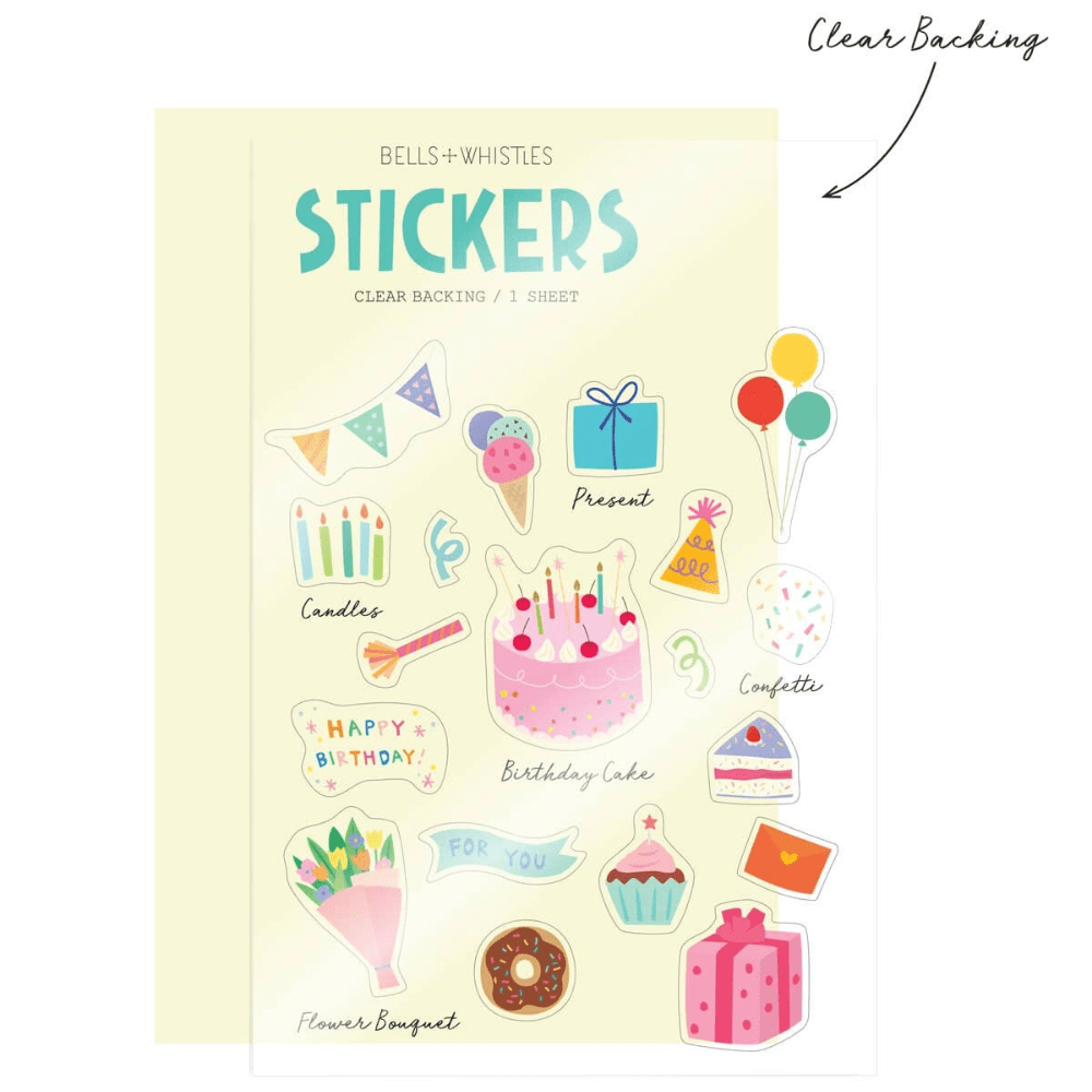 Birthday Party Clear Stickers, Shopsweetluluss
