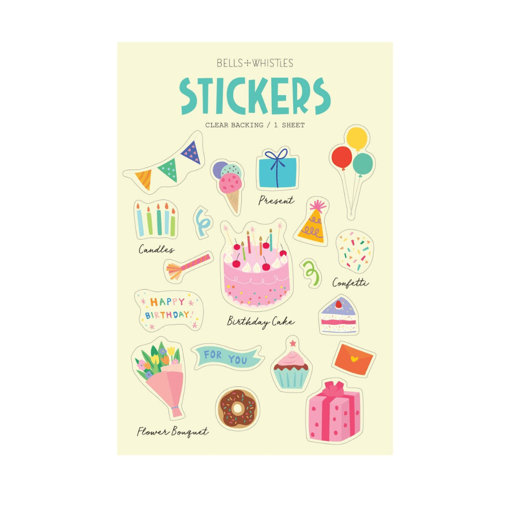 Birthday Party Clear Stickers, Shopsweetluluss