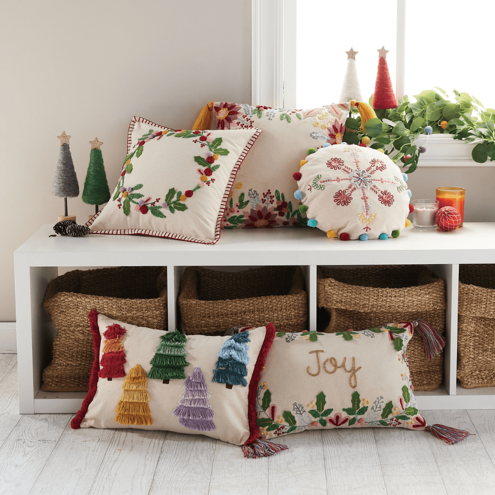 Boho Holiday Floral Embroidered Pillow, Shopsweetluluss
