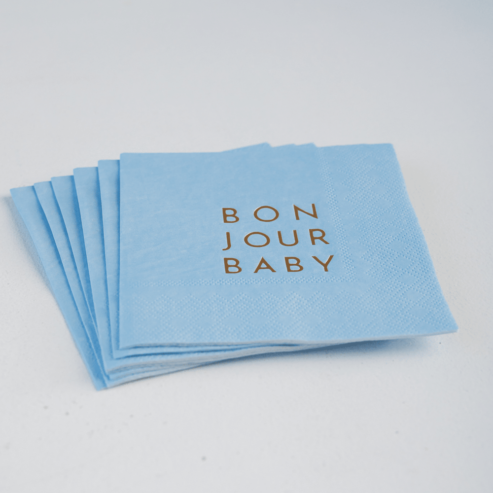"Bonjour Baby" Sky Blue Cocktail Napkins, Shopsweetluluss