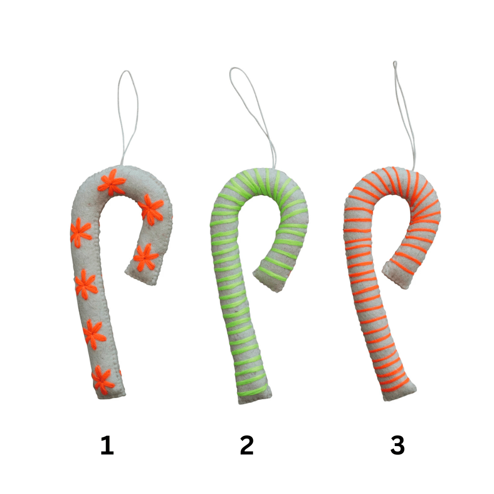 Handmade Wool Felt Candy Cane Ornament w/ Embroidery, 3 Style Options - Shopsweetluluss