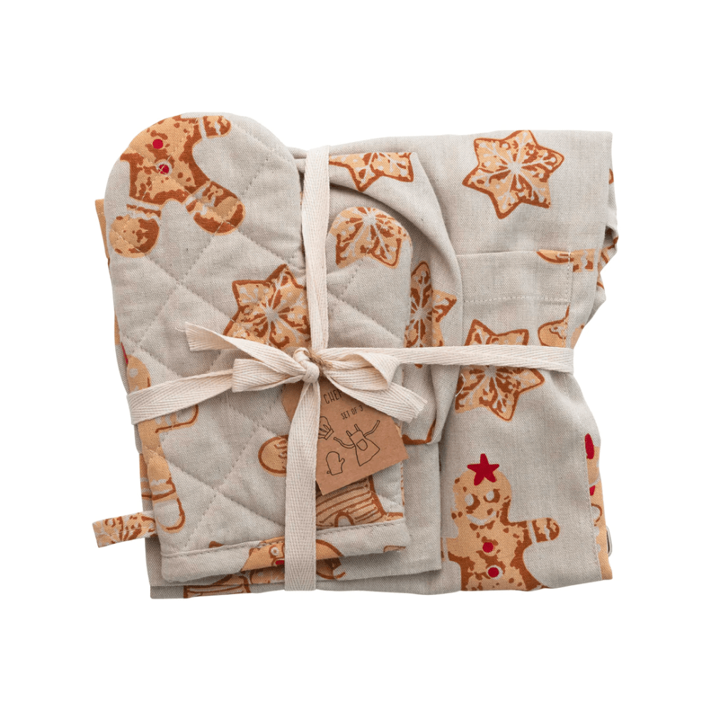 Children's Apron, Hat + Oven Mitt Set, Gingerbread Print - Shopsweetluluss