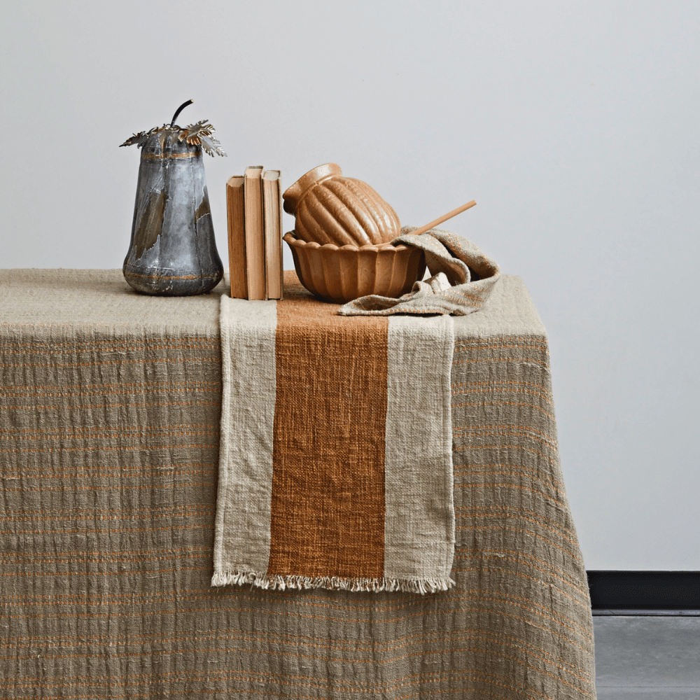 Cotton & Linen Table Runner w/ Stripe & Fringe - Natural & Brown, Shopsweetluluss