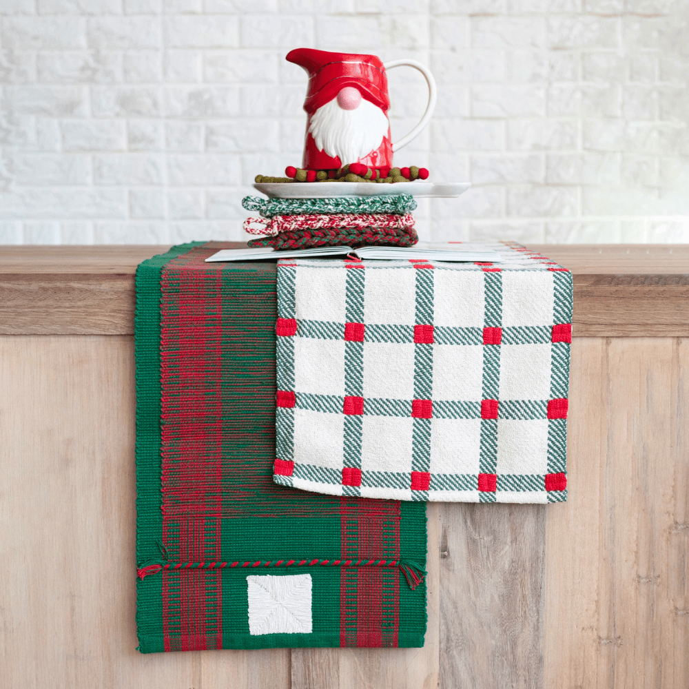 Embroidered Cotton Table Runner.- Natural, Green & Red Plaid, Shopsweetluluss