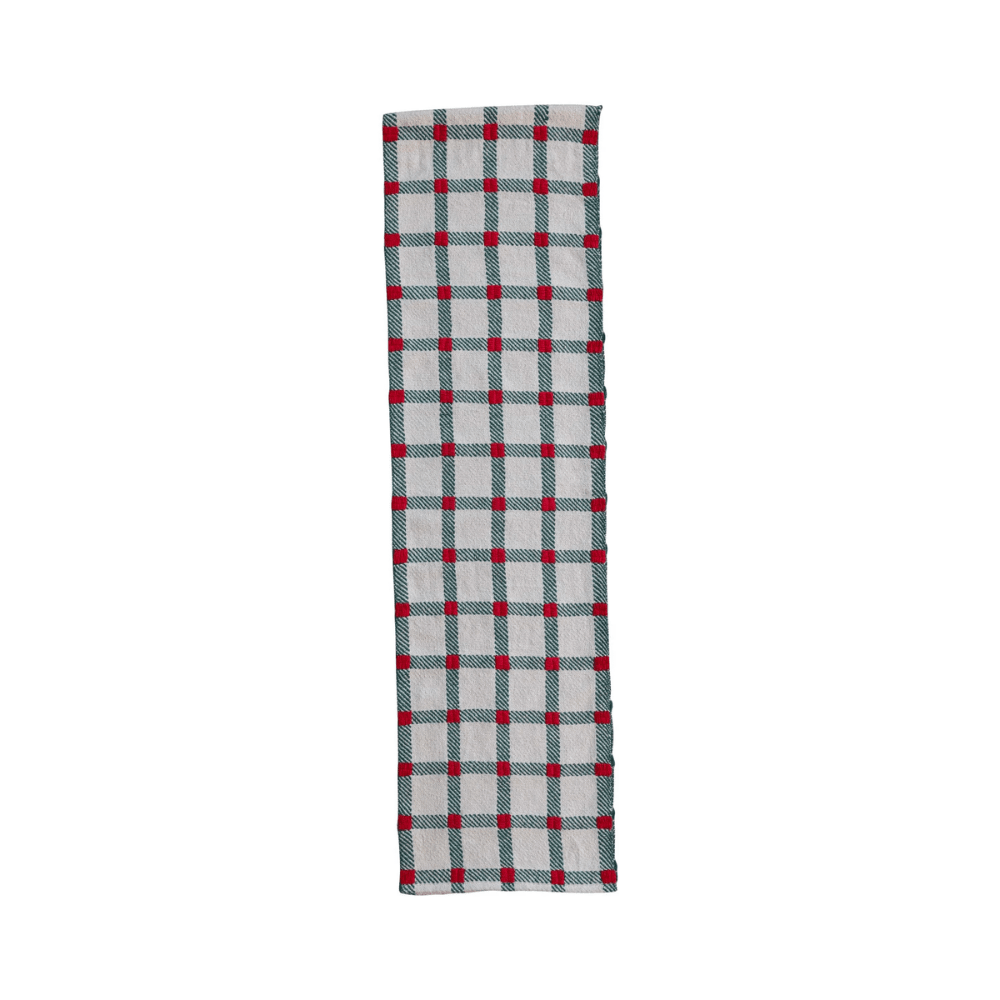 Embroidered Cotton Table Runner.- Natural, Green & Red Plaid, Shopsweetluluss
