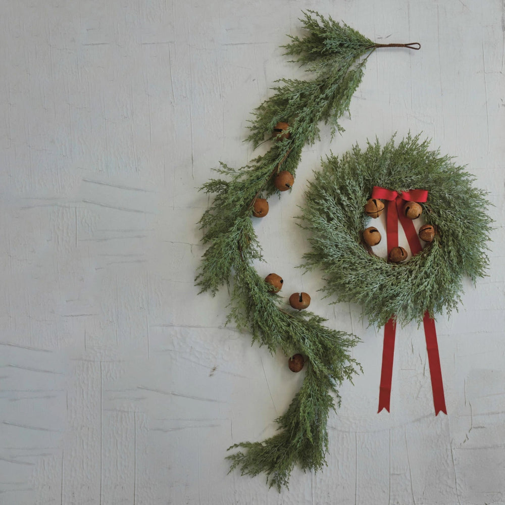 Faux Cedar Garland with Metal Bells, Shopsweetluluss