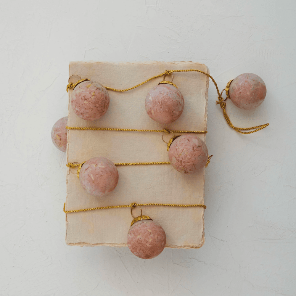Glass Ball Ornament Garland w/ Embedded Natural Hay & Gold Cord  - Matte Pink, Shopsweetluluss