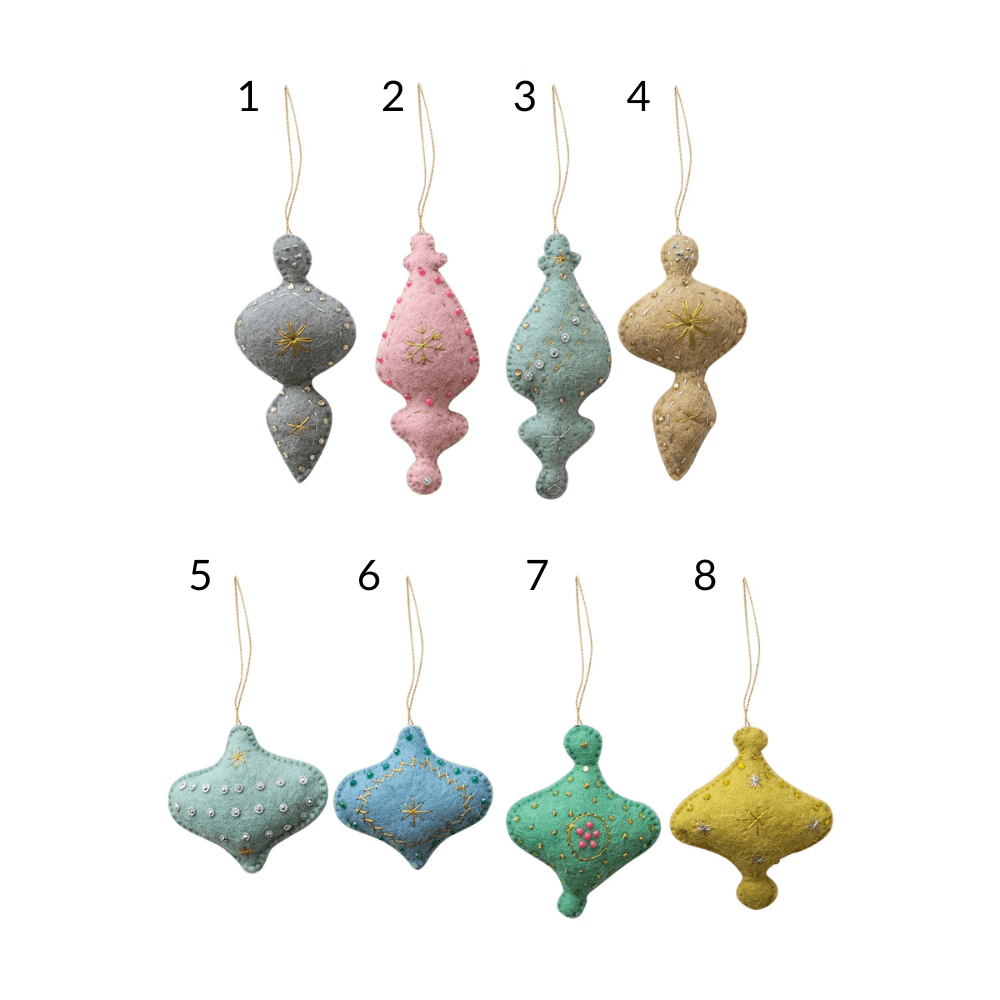Handmade Wool Felt Ornament w/ Embroidery, Sequins & Beads, 8 Styles, Shopsweetluluss