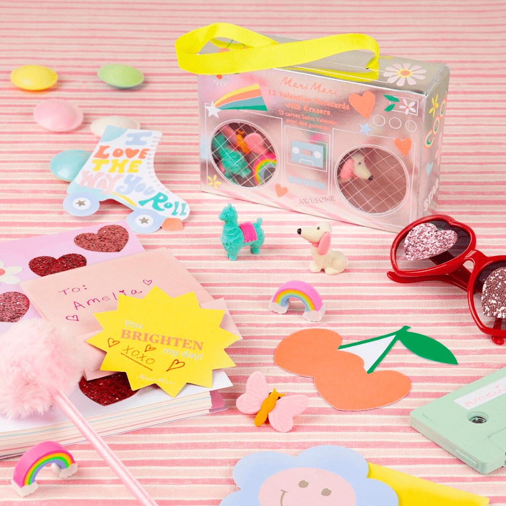 Meri Meri Boom Box Kids Valentine's Cards & Erasers Set, Shopsweetluluss