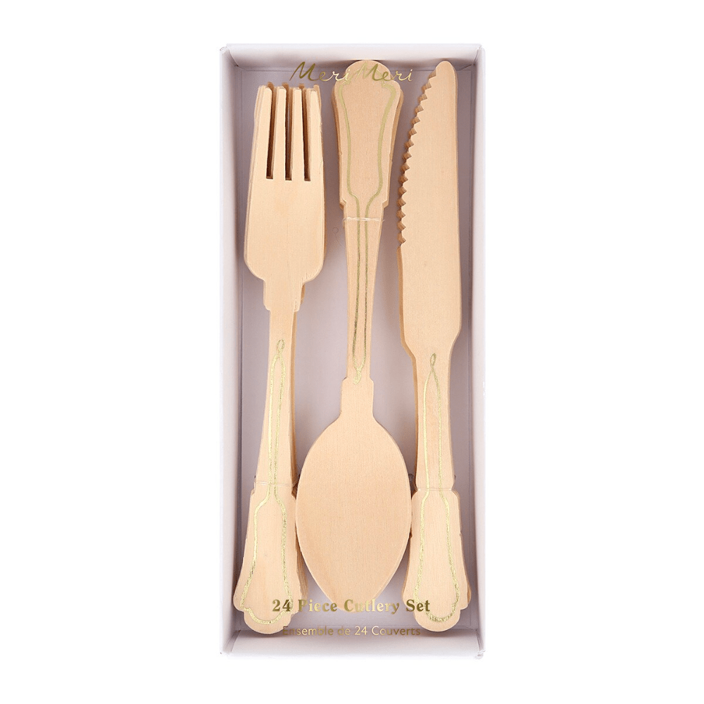 Meri Meri Elegant Gold Foil Detail Wooden Cutlery Set, Shopsweetluluss
