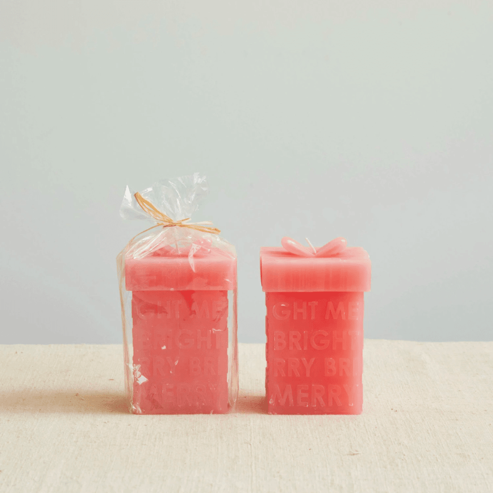 "Merry Bright" Gift Box Shaped Candle, Pink, Shopsweetluluss