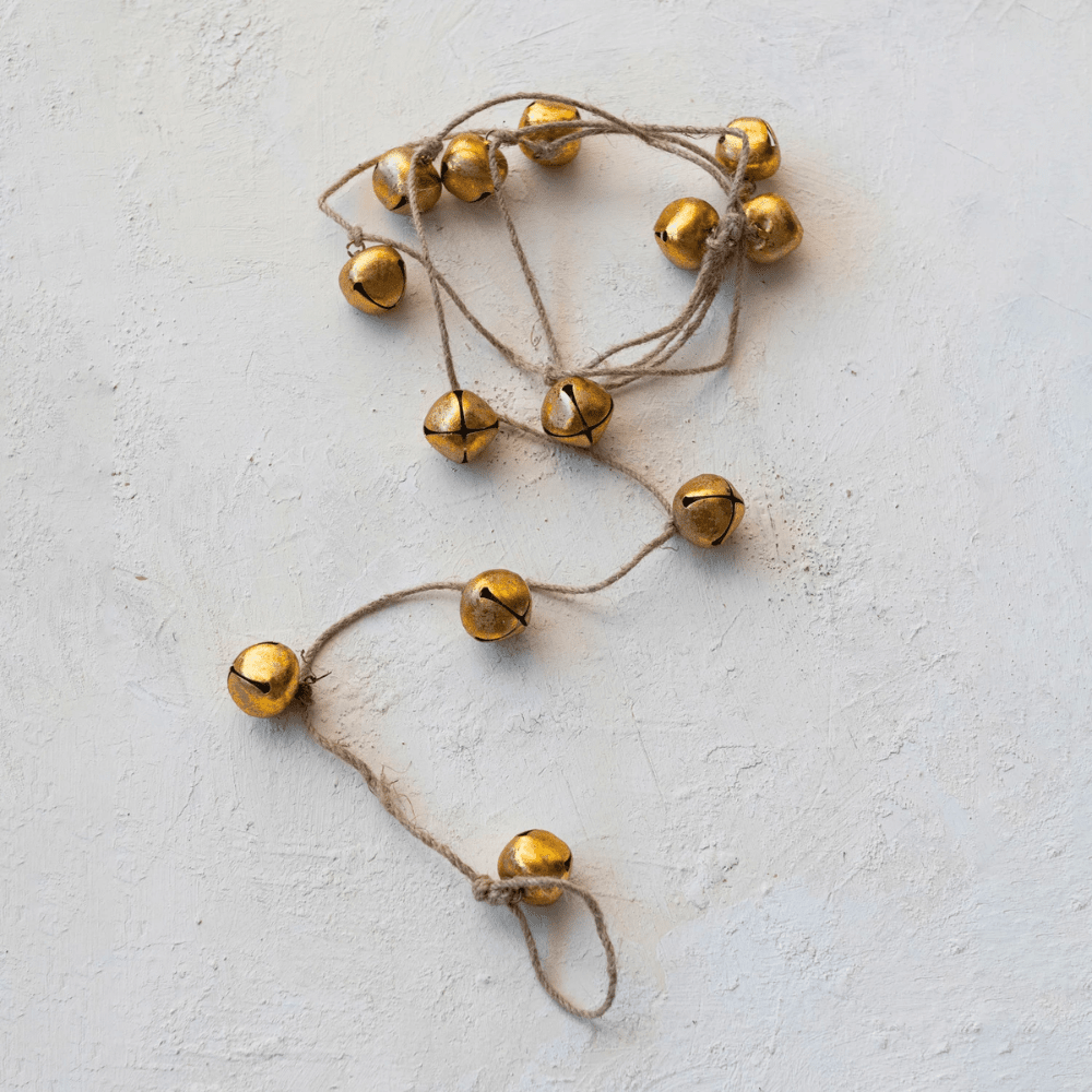 Handmade Metal Bell Garland on Jute Rope, Gold Finish, Shopsweetluluss