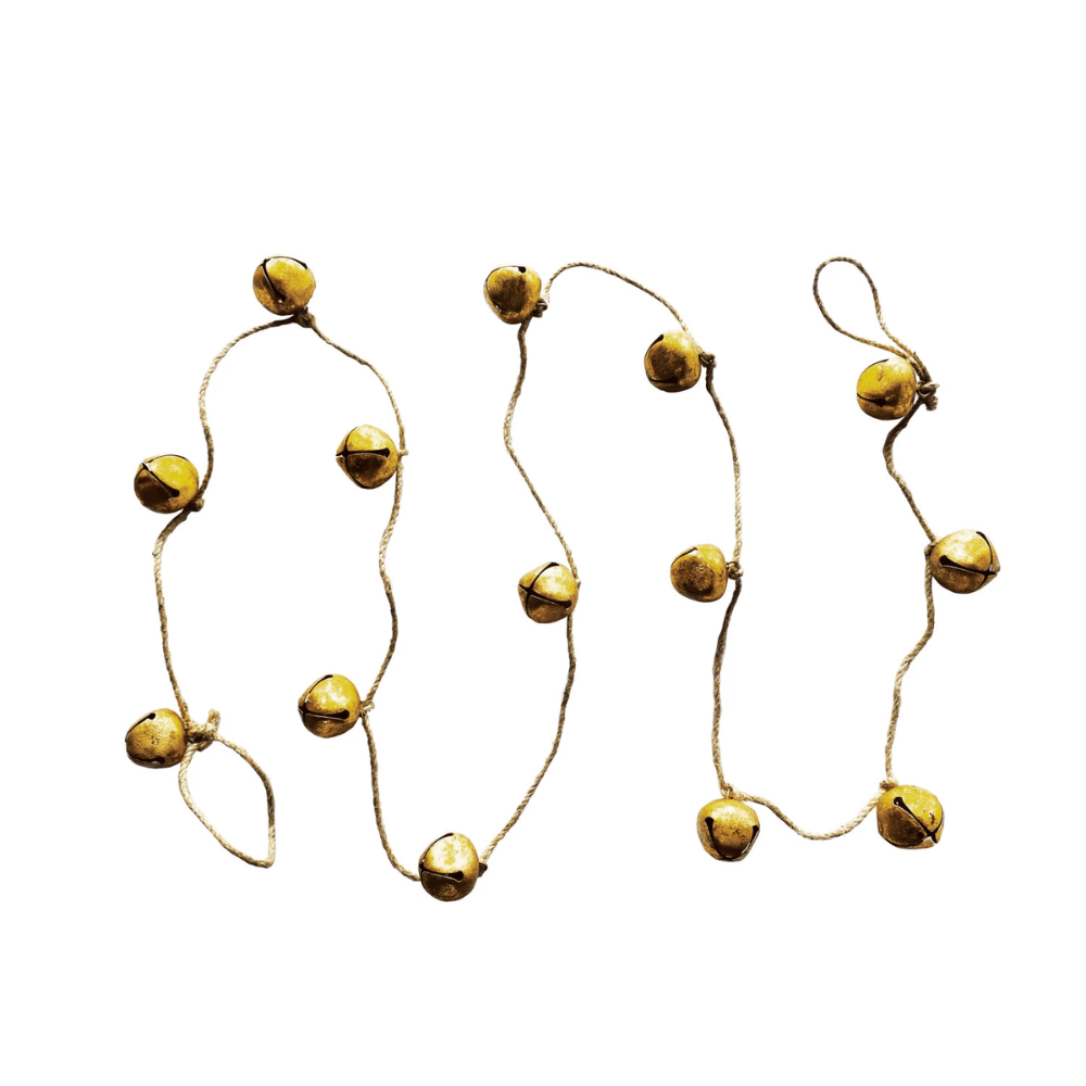 Handmade Metal Bell Garland on Jute Rope, Gold Finish, Shopsweetluluss