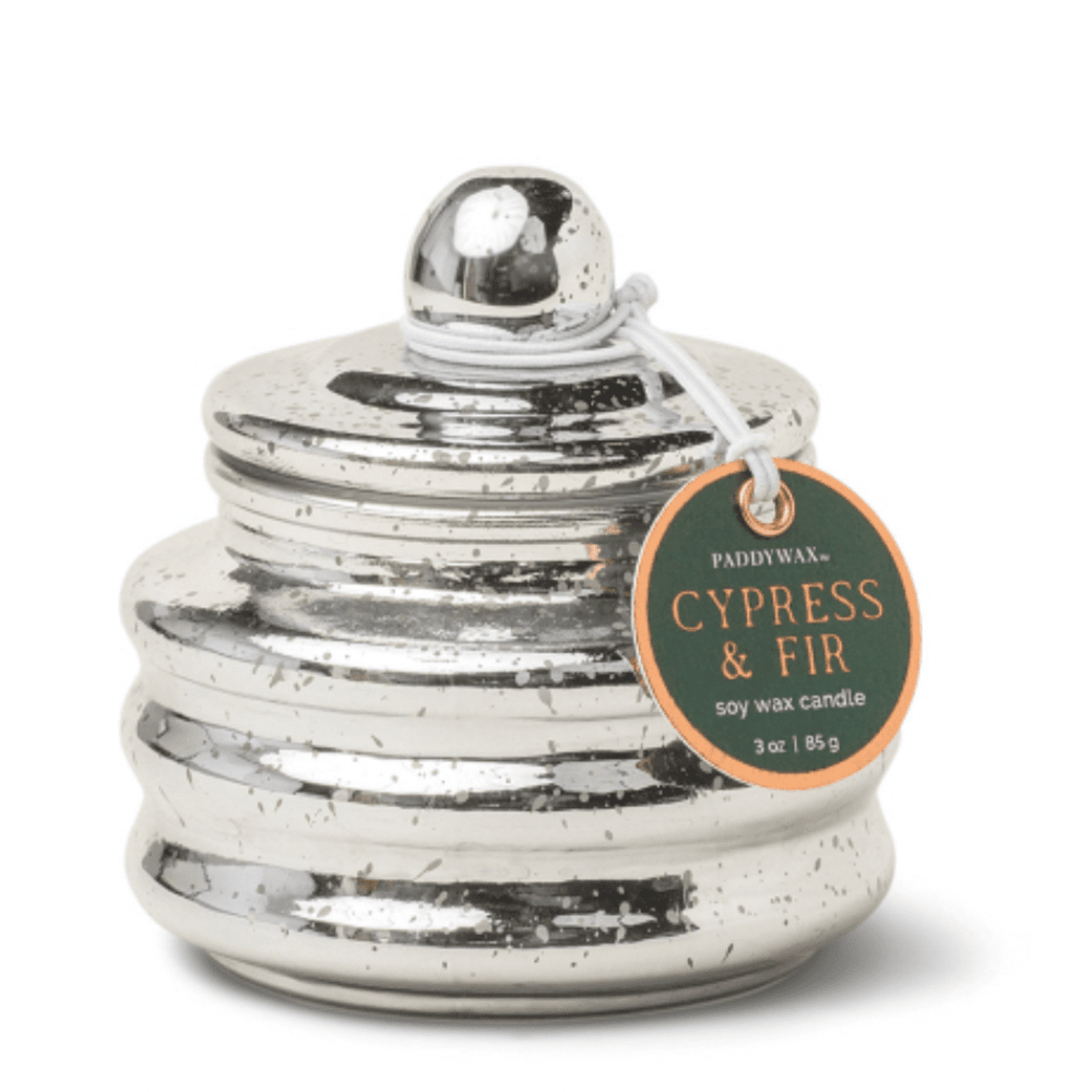 Mini Glass Candle, Cypress + Fir - Silver Mercury, Shopsweetluluss
