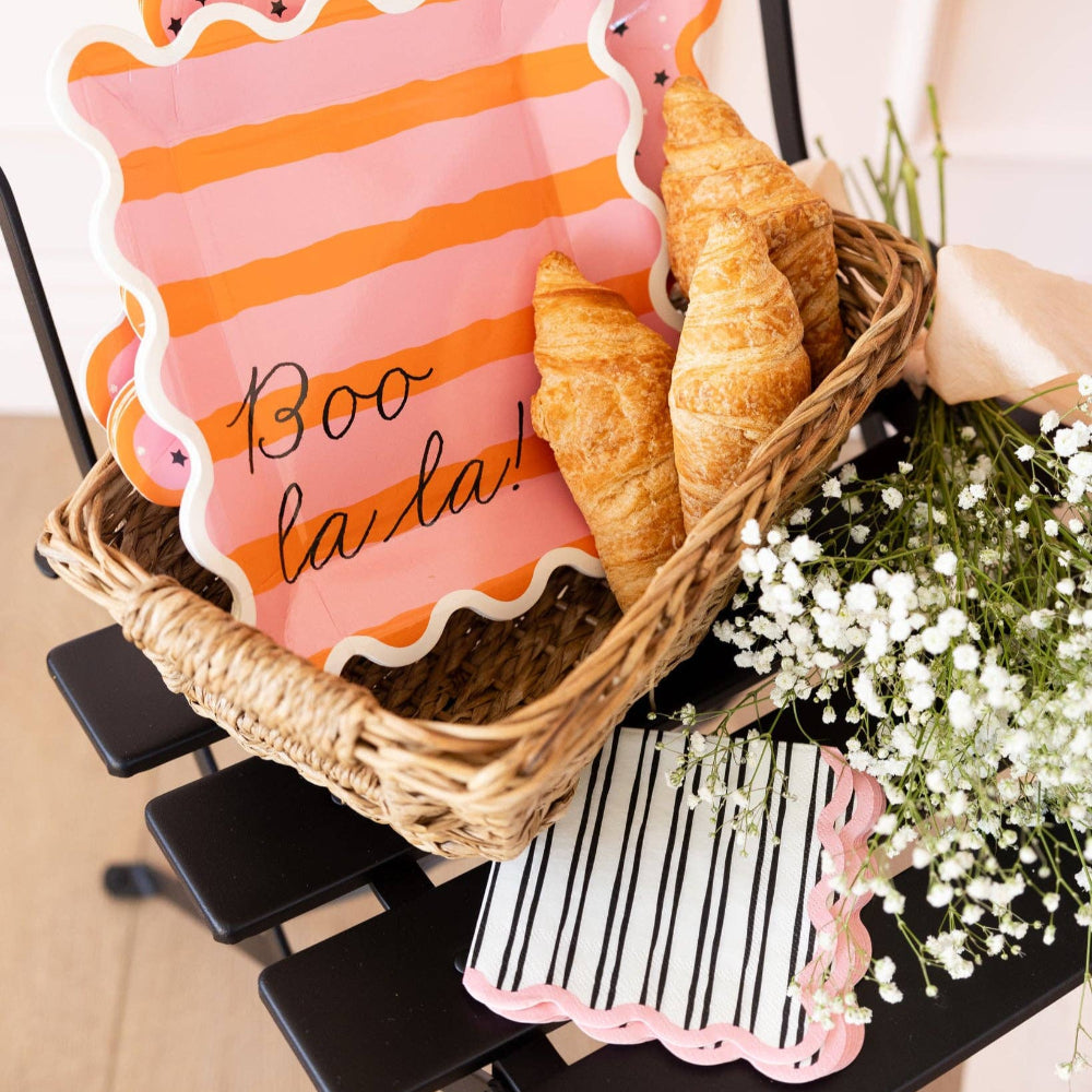 White & Black Striped Cocktail Napkin w/ Pink Scalloped Edges, Shopsweetluluss