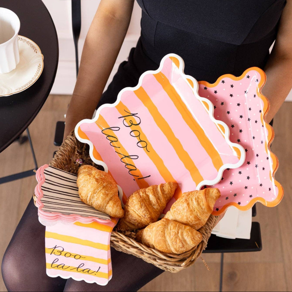 White & Black Striped Cocktail Napkin w/ Pink Scalloped Edges, Shopsweetluluss