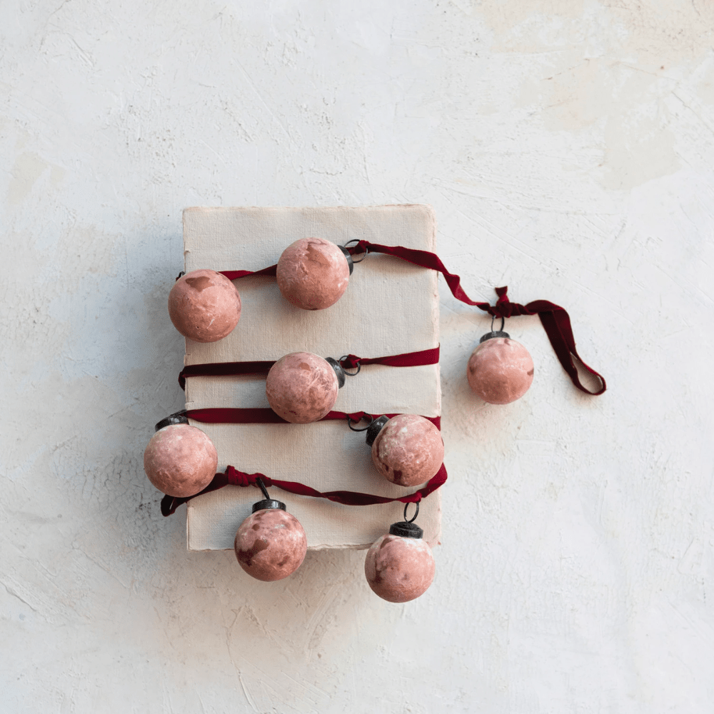 Recycled Glass Ball Ornament Garland w/ Burgundy Velvet Ribbon, Shopsweetluluss