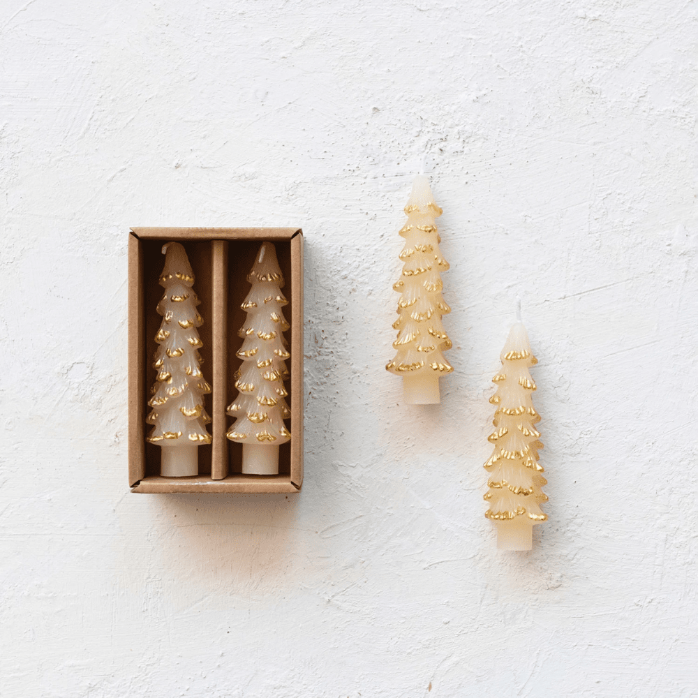 Tree Shaped Taper Candles - Eggnog w/ Gold Tips, Shopsweetluluss
