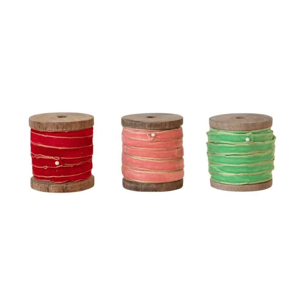 10 Yard Velvet Ribbon w/ Metallic Edges on Wood Spool, 3 Colors, Shopsweetluluss