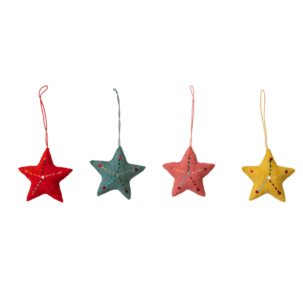 Handmade Wool Felt Star Ornament w/ Stitching & Sequins, 4 Color Options - Shopsweetluluss