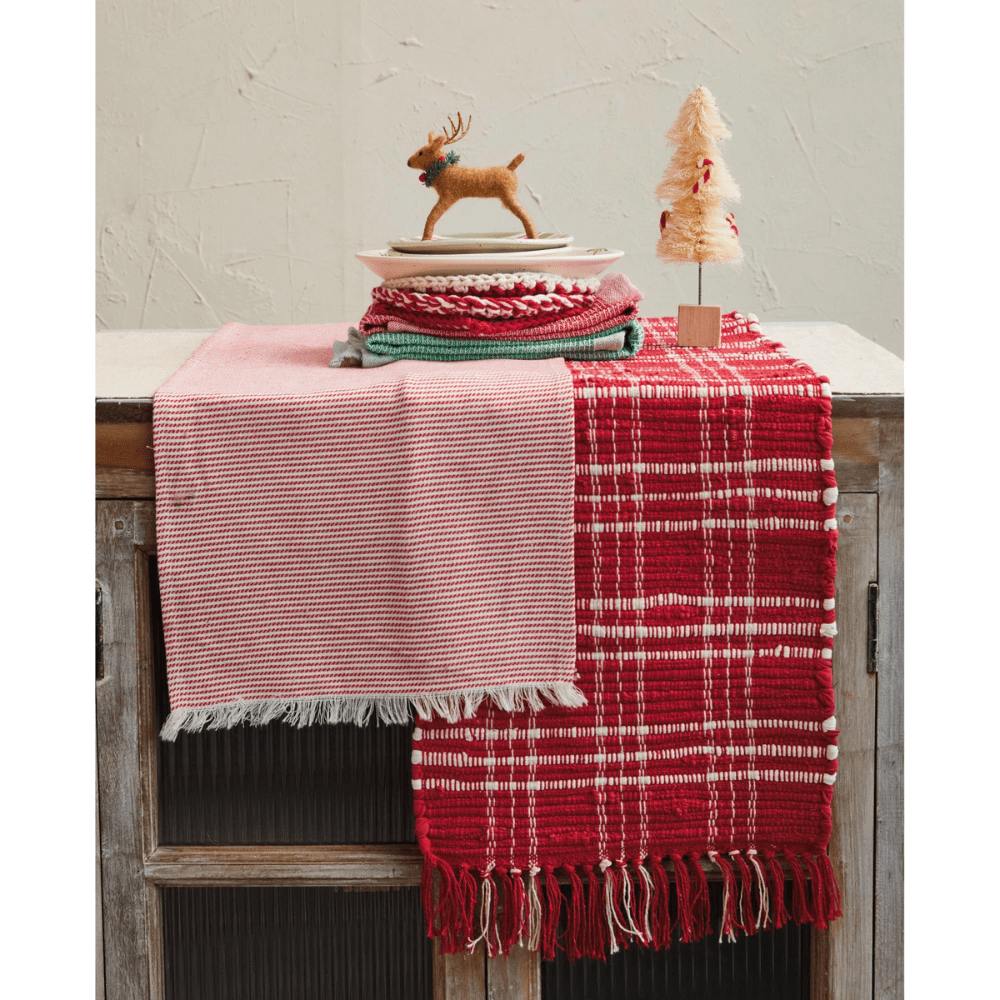 Woven Cotton Table Runner w/ Stripes & Fringe - Red & White, Shopsweetluluss