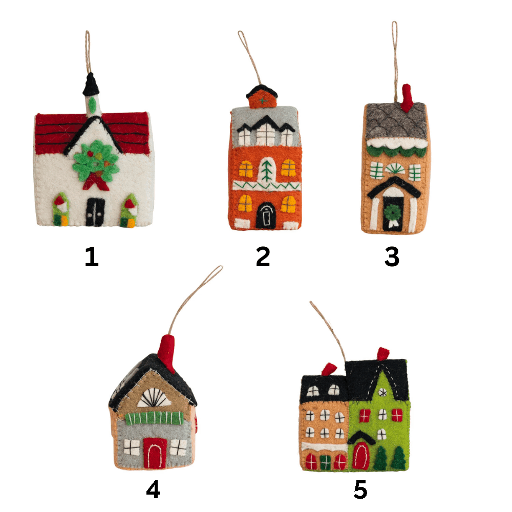 Handmade Wool Felt House Ornament w/ Embroidery & Applique