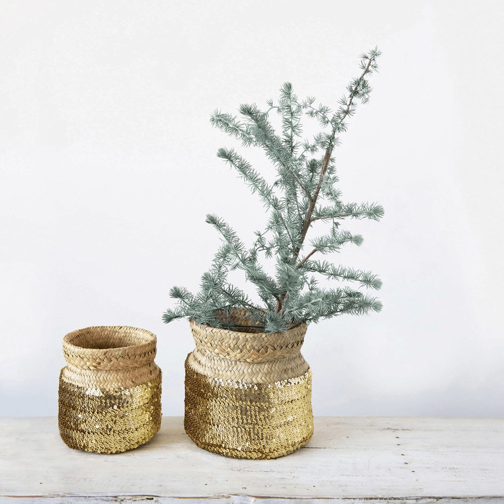 Hand-Woven Seagrass Baskets with Gold Sequins - Natural, Shopsweetluluss