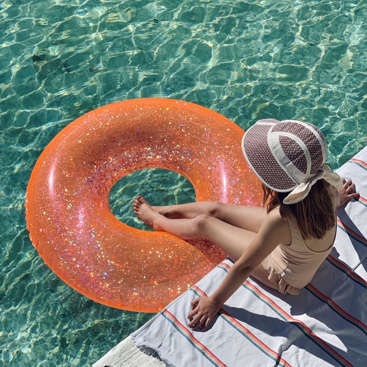 SunnyLife Glitter Pool Ring- Neon Coral