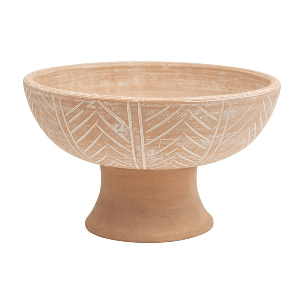 Engraved Terra-cotta Footed Bowl, Distressed Whitewash Finish, Shopsweetluluss