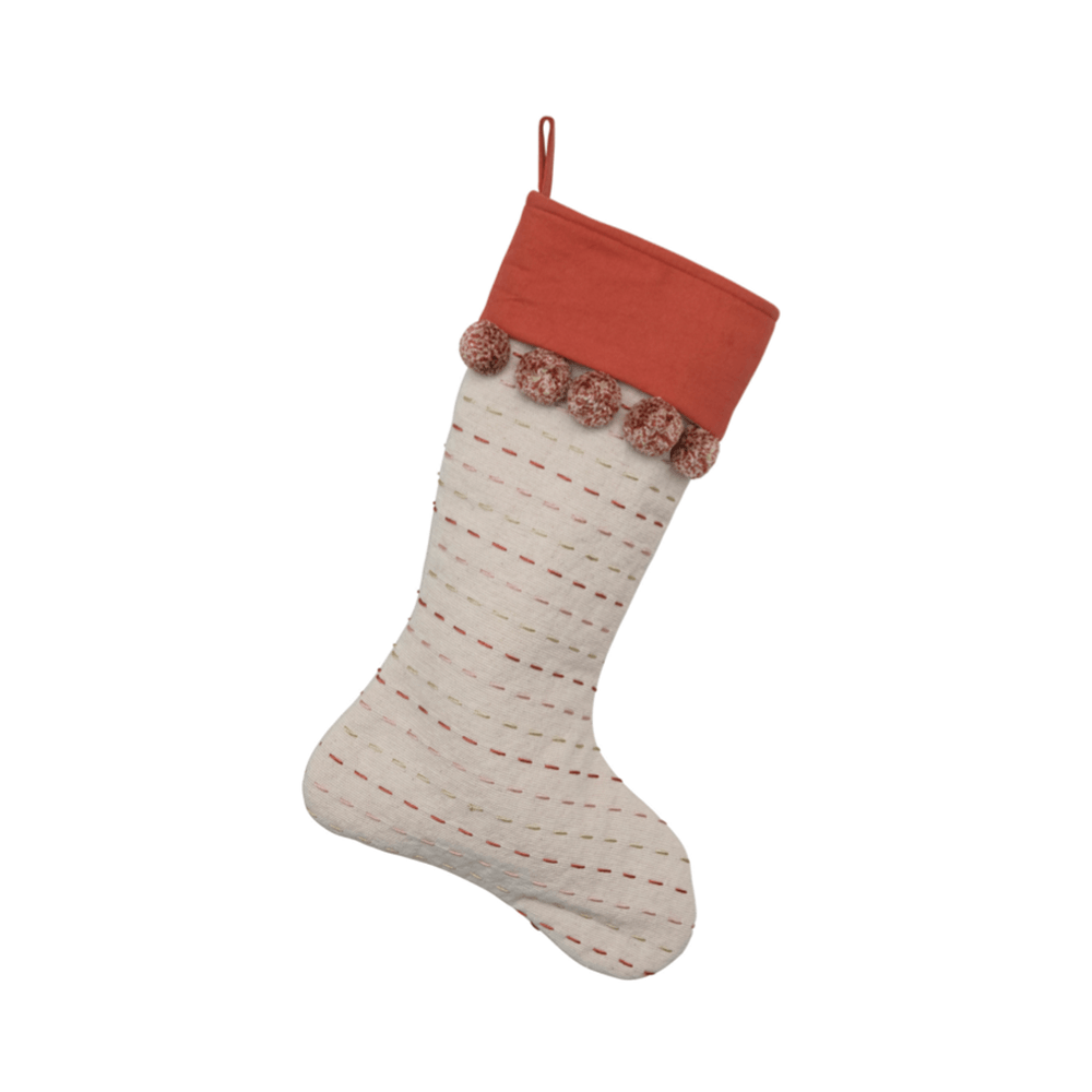 Kantha Stitch Stocking w/ Pom Poms - Red & Cream, Shopsweetluluss