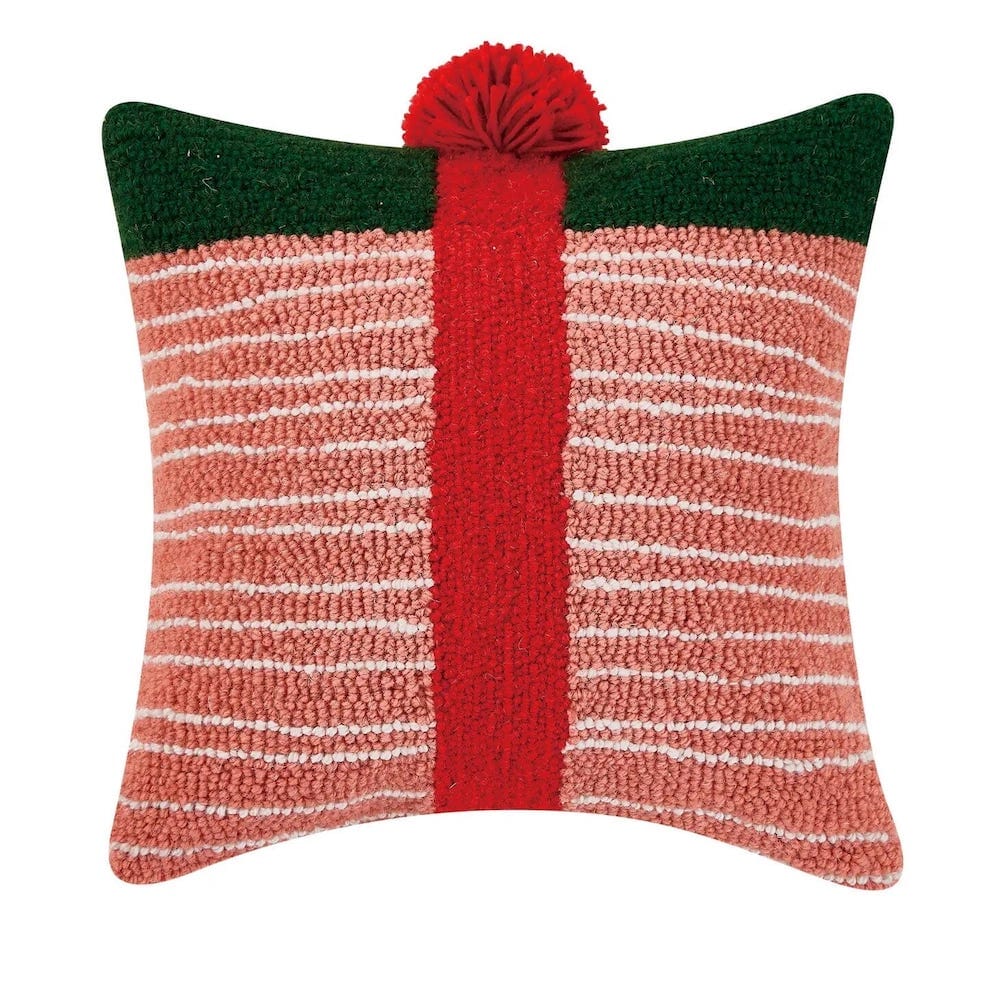 Pink & Green Striped Gift Pom Pom Hook Pillow, Shopsweetluluss