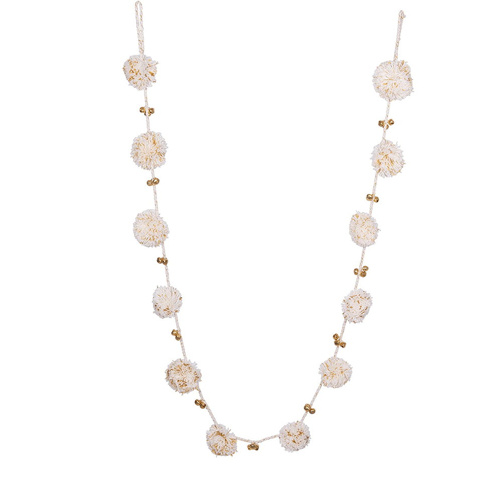 Wool Pom Pom Garland w/ Jingle Bells - White & Gold, Shopsweetluluss