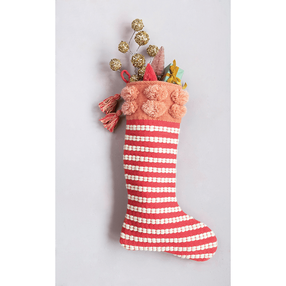 Woven Cotton Stocking w/ Pom Poms - Red & White, Shopsweetluluss