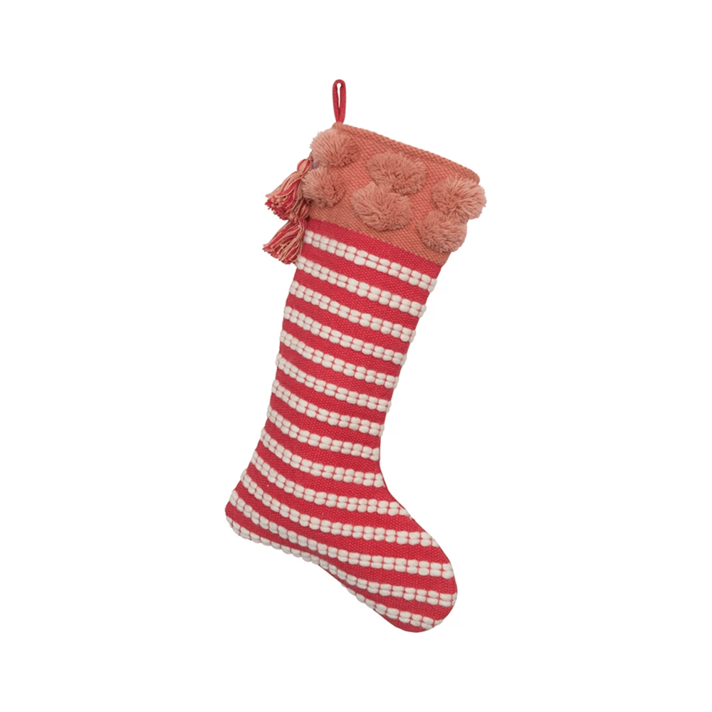 Woven Cotton Stocking w/ Pom Poms - Red & White, Shopsweetluluss