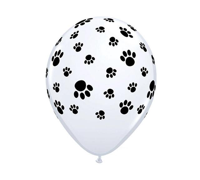 11" Latex Balloon, White w/Black Paw Print